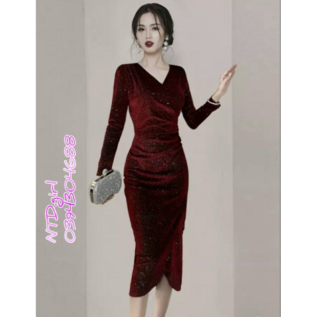 Hàng nhập - Đầm dáng ôm nhung kim sa đỏ đô đậm sang trọng, váy body dự tiệc tay dài cổ V tà xếp trước