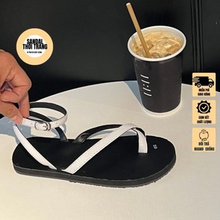 Giày sandal nữ xỏ ngón quai chéo đế bệt khóa cổ chân, đi học đi chơi SANDALTHOITRANG