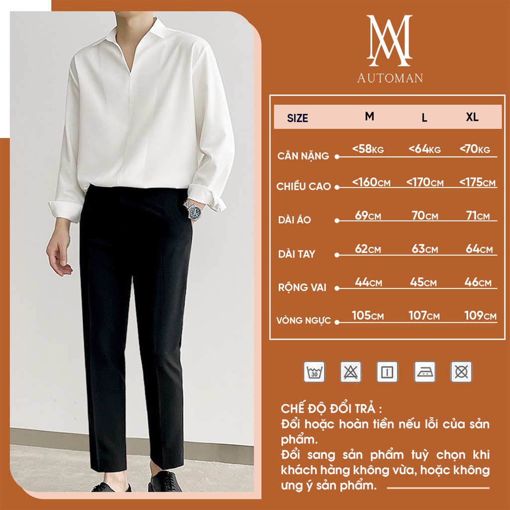 Sơ mi nam cổ chữ V, form rộng Unisex nam nữ tay dài không có khuy phong cách Hàn Quốc AUTOMAN A67