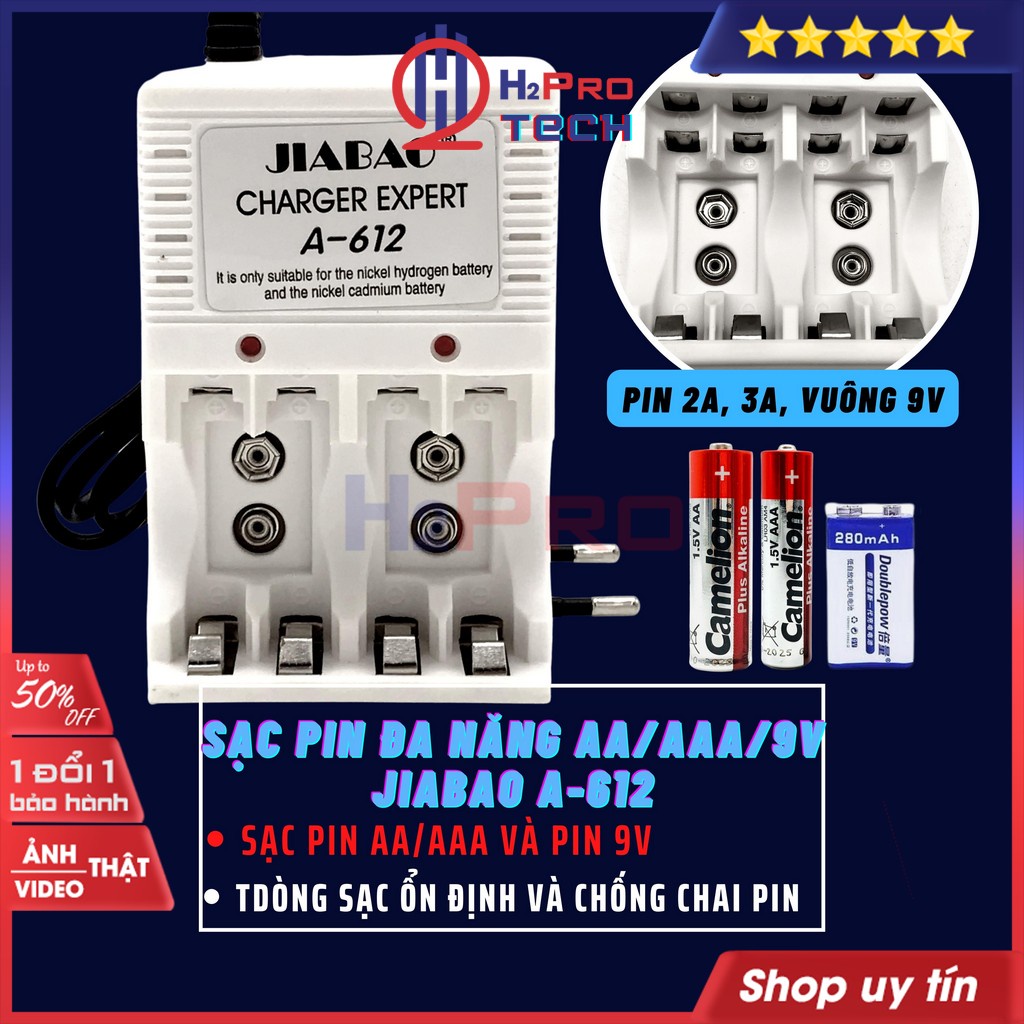 Máy Sạc Pin Tiểu AA-AAA Jiabao A-612 Chính Hãng (1 chiếc), Bộ Sạc Pin Đa Năng AA-AAA-Pin Vuông 9V Giá Rẻ - H2pro Tech