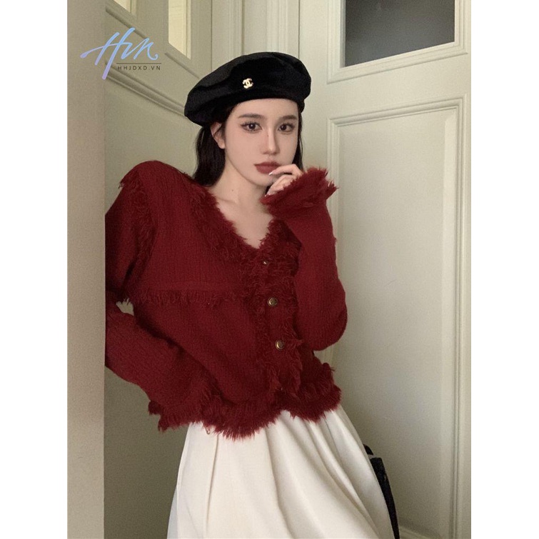 Áo Khoác Cardigan Dệt Kim Dáng Rộng Màu Đỏ Phối Tua Rua Thời Trang Thu Đông Năm Mới Cho Nữ