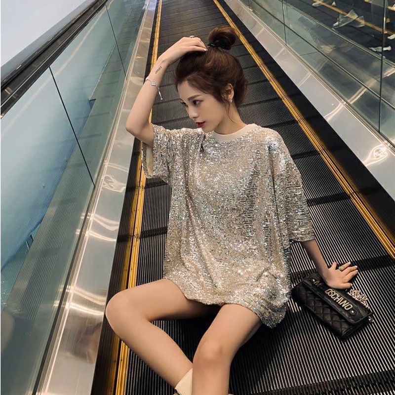 IELGY Áo Thun Tay Ngắn Đính Kim Sa Lấp Lánh Phong Cách Hàn Quốc Cho Nữ