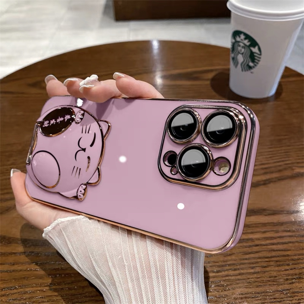 Ốp Điện Thoại TPU Mềm Mạ Điện 6D Màu Trơn Có Giá Đỡ Hình Mèo / Cung Hoàng Đạo Cho Iphone14 13 12 11Pro Max xs xr 7 / 8Plus