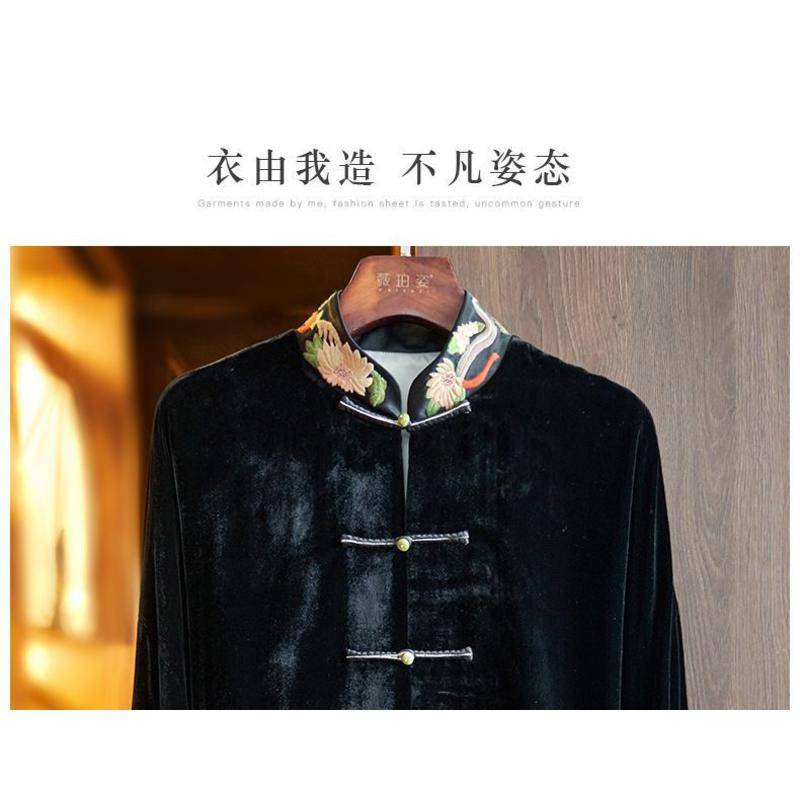 Áo Khoác satin Ngắn Cài Nút Thêu Họa Tiết Thổ Cẩm Màu Đen Kiểu vintage Trung Hoa Thời Trang Mùa Xuân