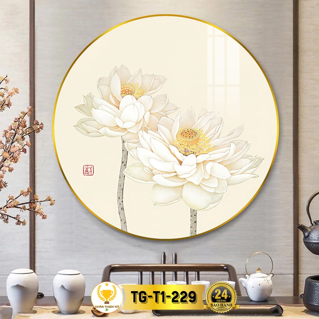 Tranh Tráng Gương Pha Lê Tròn CHÂN THIỆN MỸ, Decor Treo Tường Trang Trí Phòng Hoa Sen Trắng TG-T1-229