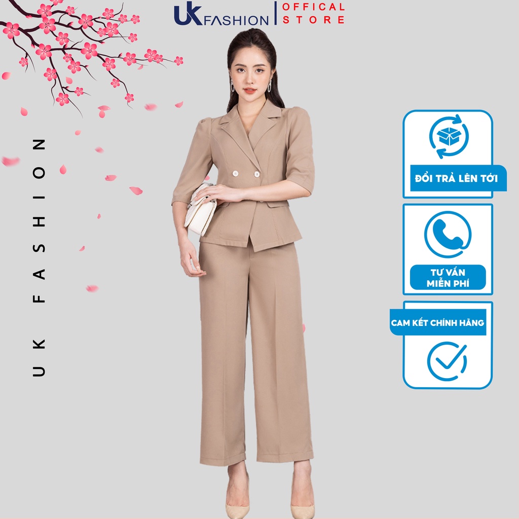 Set Công Sở UK Fashion Áo Cổ Vest Tay Lỡ Kèm Quần Ống Suông Lưng Cao Thanh Lịch, Chất Vải Nhập Hàn Đứng Phom NKBD2203001