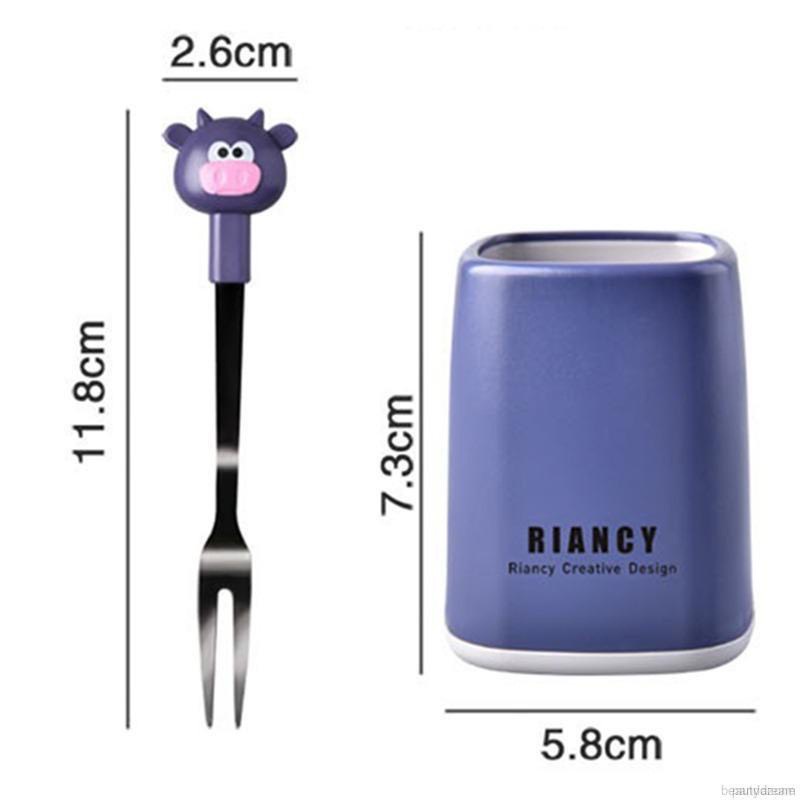 Set 6 nĩa ăn trái cây bằng thép không gỉ, hình dáng dễ thương+đế đựng chắn chắc phù hợp cho nhà bếp