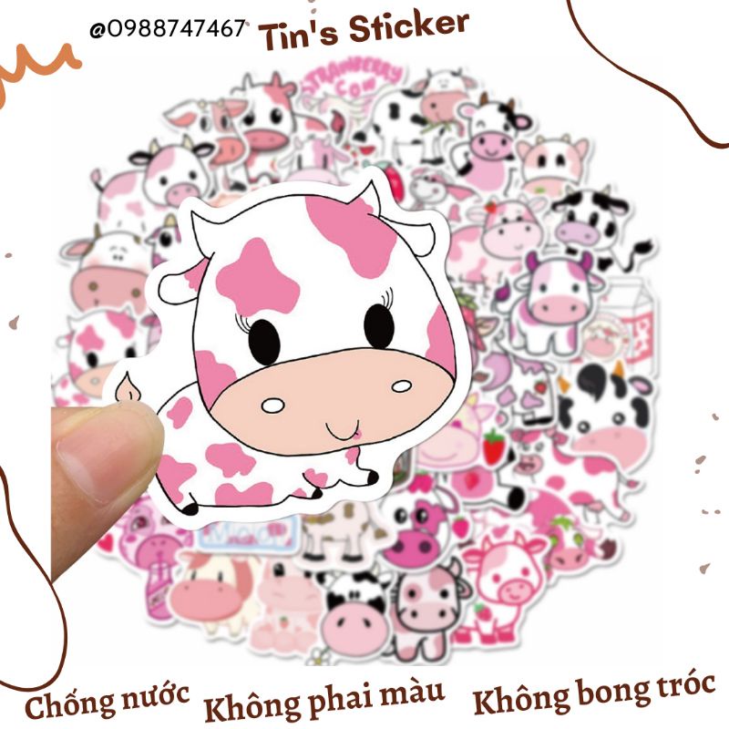 Set combo 50 miếng dán sticker bò sữa dán nón mũ bảo hiểm laptop vali sổ sách đàn guitar tủ lạnh xe máy