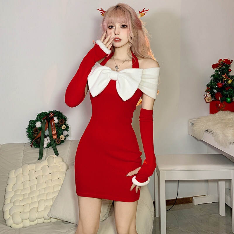 Đầm WEIRD PUSS mini ôm dáng thiết kế hở vai đính nơ phong cách Giáng Sinh năm mới thời trang dành cho nữ