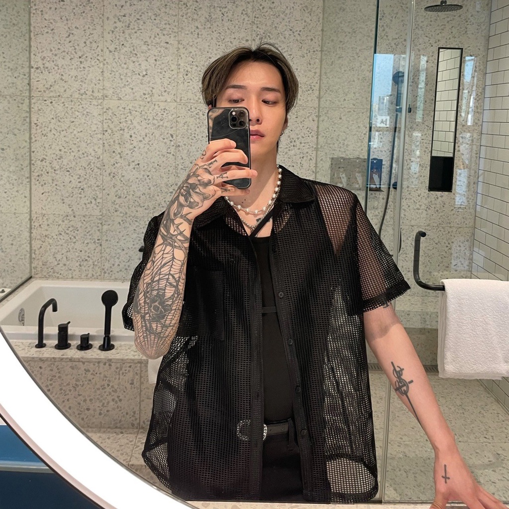 Áo sơ mi nam lưới tay lỡ form rộng phóng khoáng