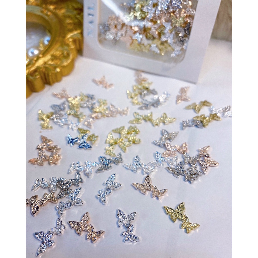 Set charm hình cánh bướm kim loại mix đá sang trọng mạ bạc trang trí móng phụ kiện nail Hà Chi