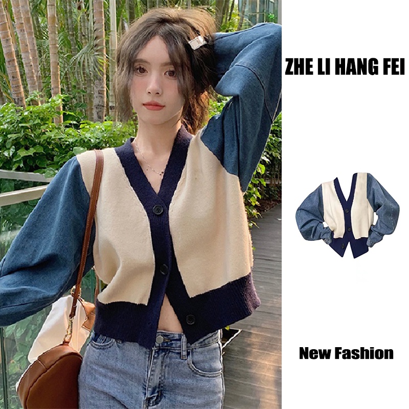 ZHELIHANGFEI Áo Cardigan Dệt Kim Tay Dài Cổ Chữ V Lưng Cao Kiểu Retro Pháp Dễ Phối Đồ