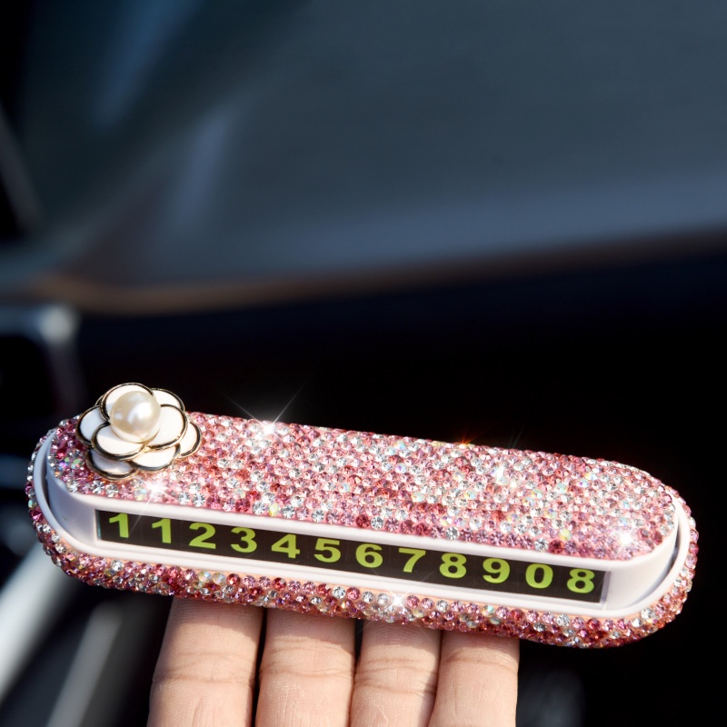 Bảng Để Lại Số Điện Thoại Trên Taplo Xe Hơi Kiểu Dáng Hoa Trà Đính Đá Sang Trọng