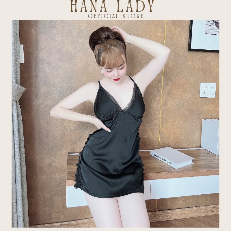Váy ngủ nữ kèm chíp sexy chất lụa mềm mịn phối ren dây chéo quyến rũ Hana Lady V501
