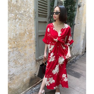 Đầm lụa xoắn eo freesize họa tiết hoa văn
