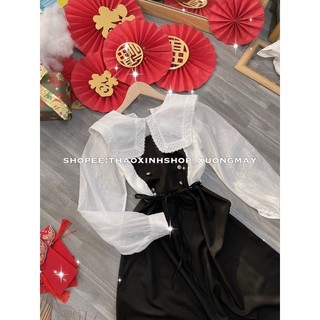 Đầm maxi đen phối trắng cột dây