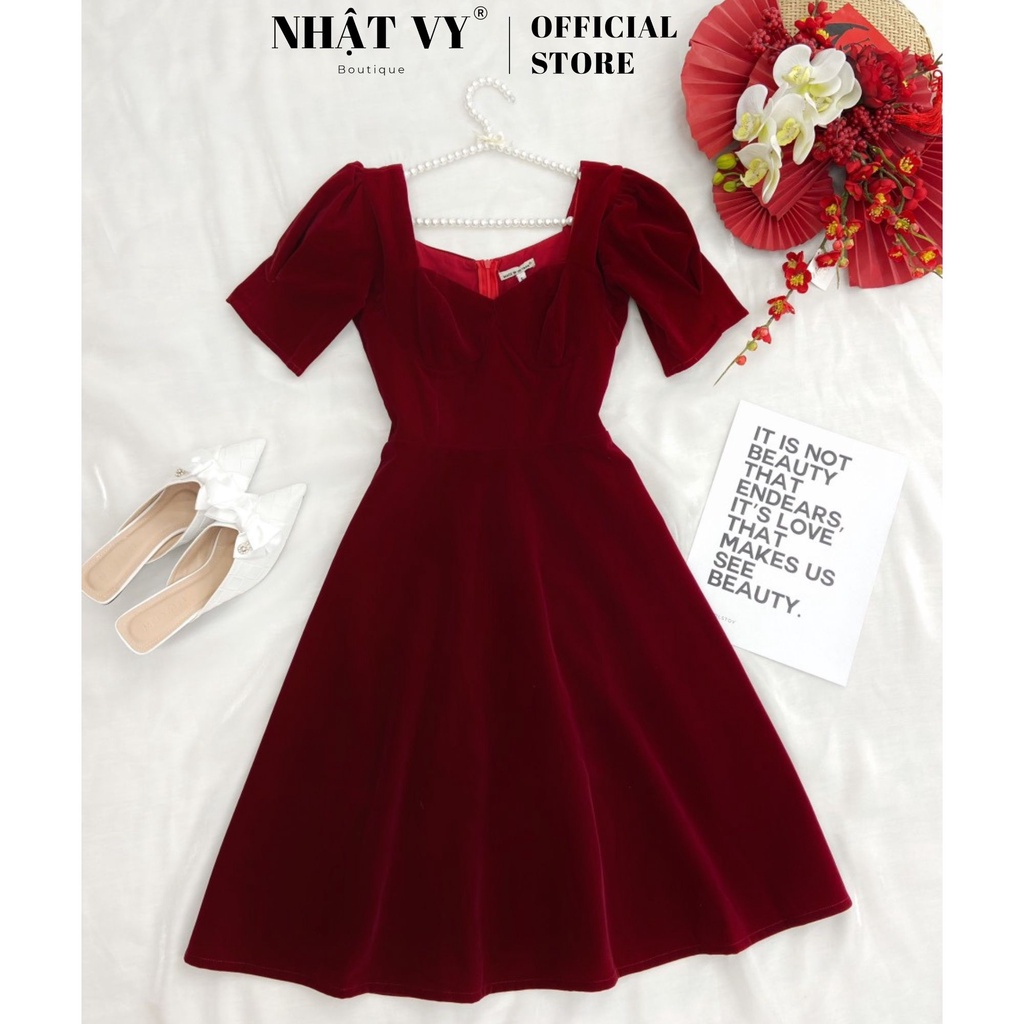 Đầm dự tiệc Nhật Vy tay phồng cổ vuông cách điệu chiết eo dáng xoè chất nhung phù hợp đi chơi du lịch sang trọng - D1866