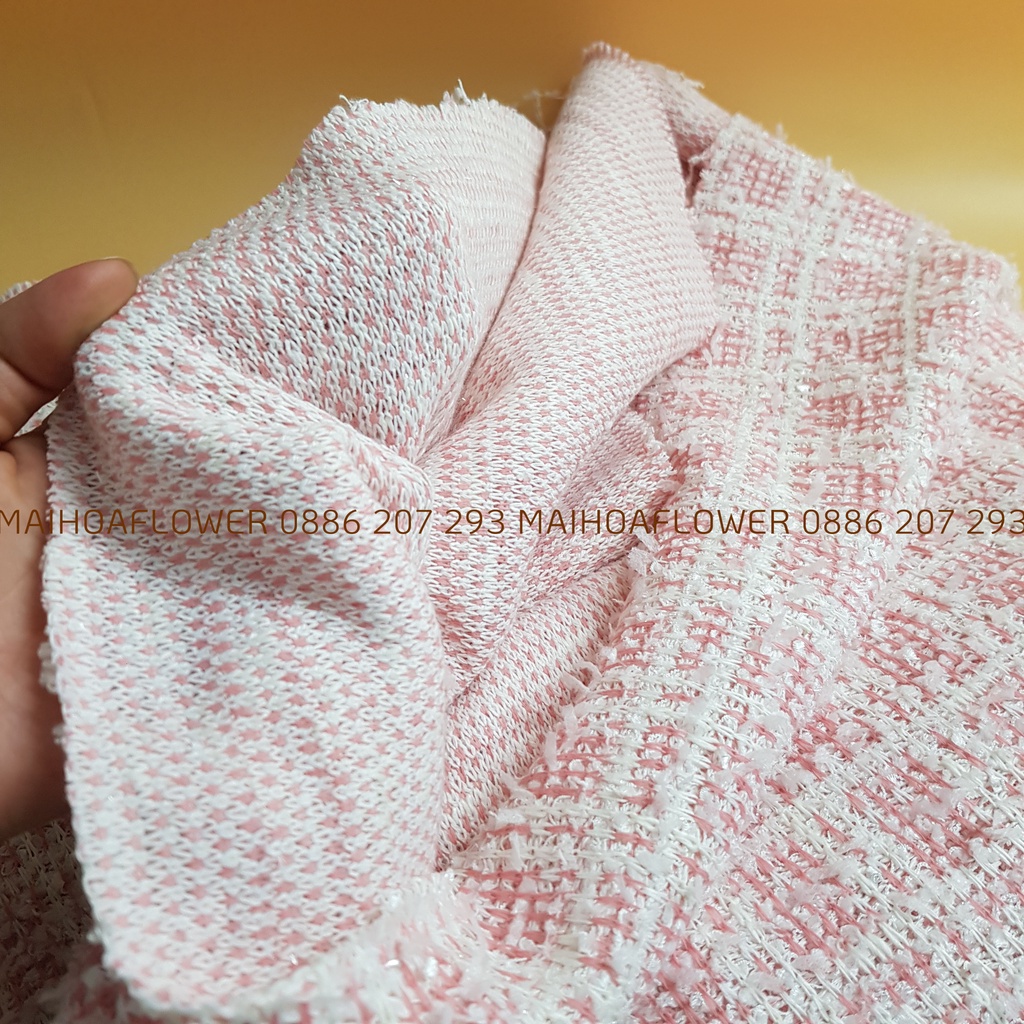 Vải dạ tweed hồng kẻ vải dạ bố dùng may áo vest mùa thu đông, ánh kim tuyến, dày ấm áp, Maihoaflower