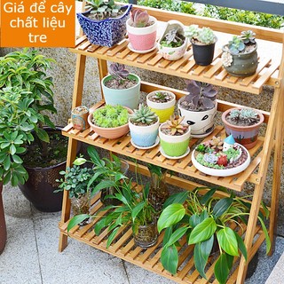 Giá kệ để chậu hoa , cây cảnh, giá để đồ gấp gọn bằng gỗ tre tự nhiên - tặng bộ đồ làm vườn