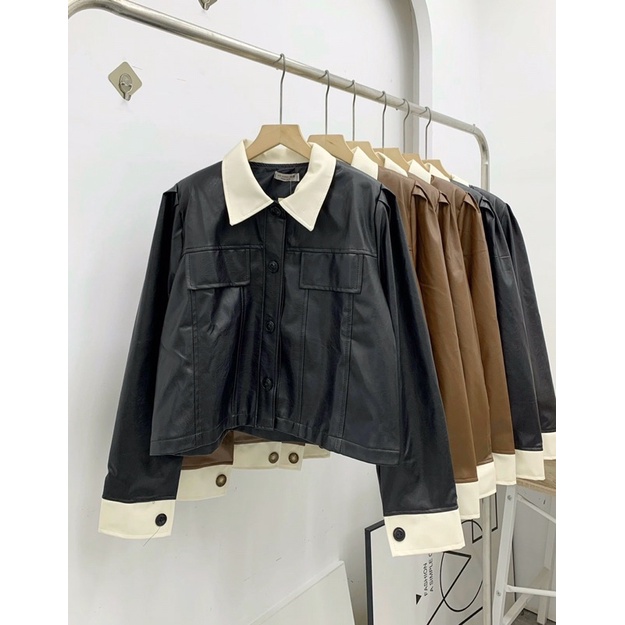 ÁO KHOÁC DA PHỐI MÀU DÁNG NGẮN AKDTHP