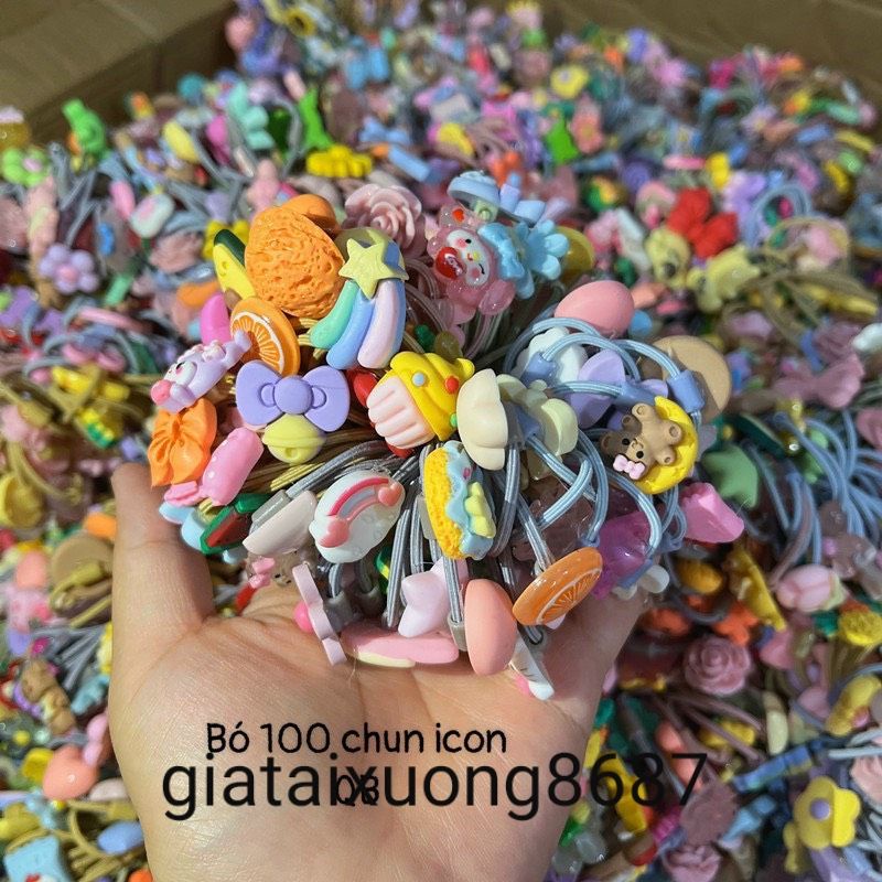 Bó 100 chun tóc dính icon hoạt hình hoa quả trẻ em