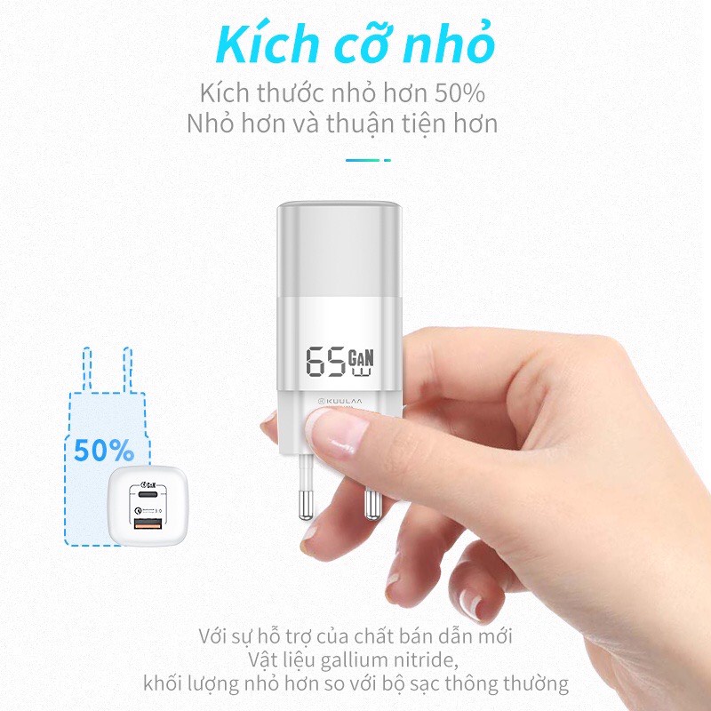 Củ Sạc Nhanh Kuulaa GaN 65W - Quick Charge 4.0, PowerDelivery 3.0 - USB-C Cho Macbook, IPhone, Samsung - Hàng Chính Hãng
