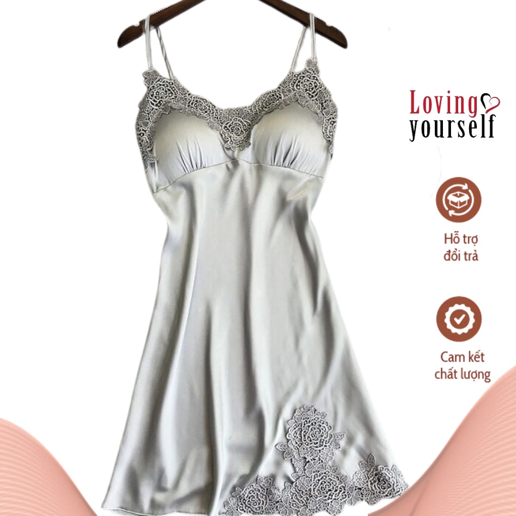 Đầm ngủ phi lụa cao cấp phối ren hoa, phong cách thanh lịch nữ tính LYEN012