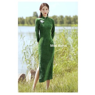 Sườn xám nhung xanh lá