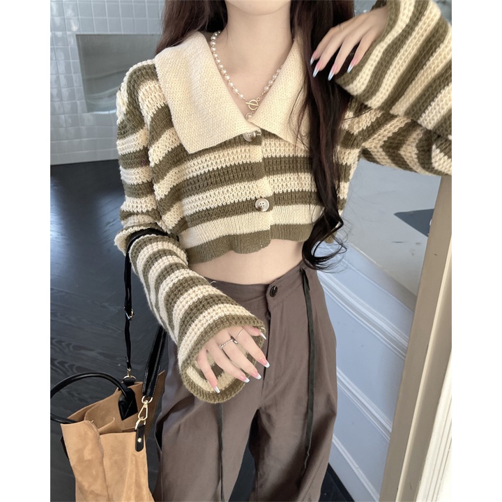 Áo ZHELIHANGFEI dệt kim tay dài cổ polo lưng cao kẻ sọc thiết kế quyến rũ cho nữ