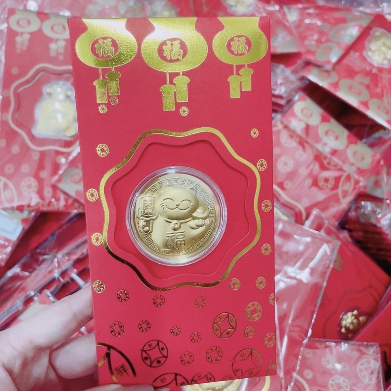 Bao Lì Xì Mèo Thần Tài Đỏ Mạ Vàng May Mắn 2023