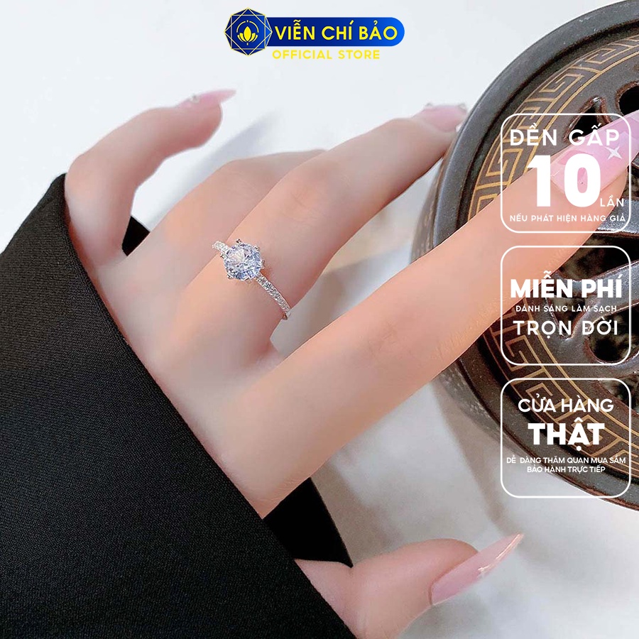 Nhẫn bạc nữ đính đá to 6 chấu viền đá trắng chất liệu bạc 925 thời trang phụ kiện trang sức Viễn Chí Bảo N400883
