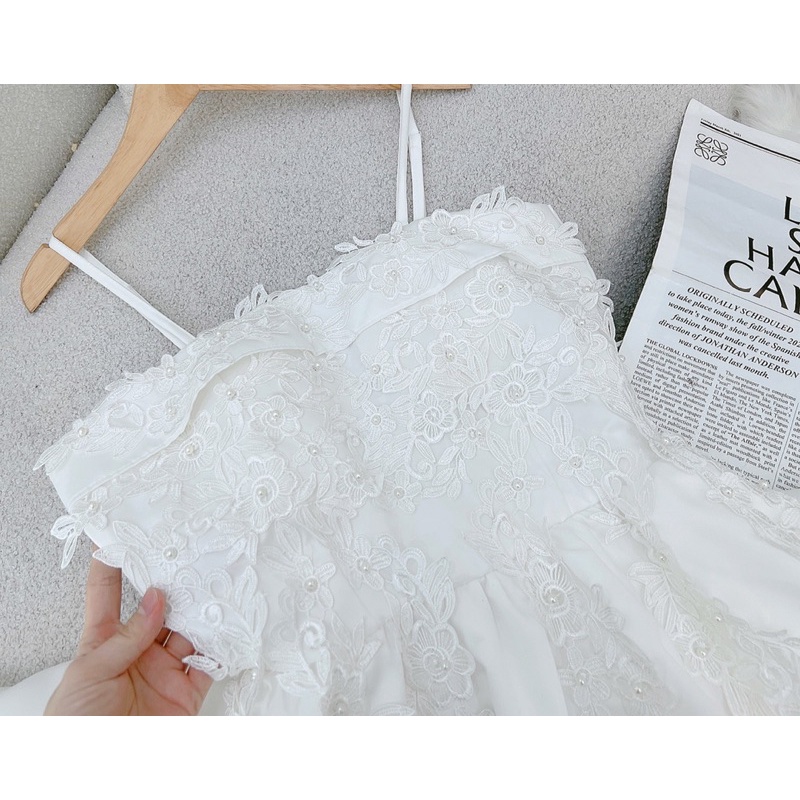 VÁY TRẮNG VINTAGE THÂN REN HOA 2 DÂY 161122