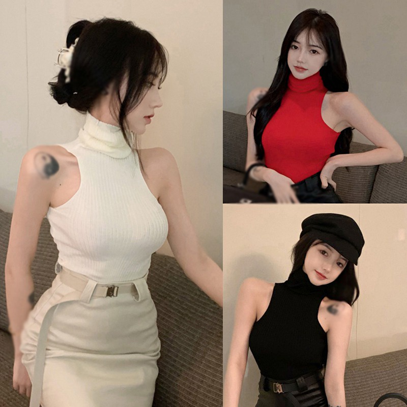 Áo Croptop Dệt Kim Không Tay Cổ Lọ Hở Lưng Màu Sắc Đơn Giản Cho Nữ