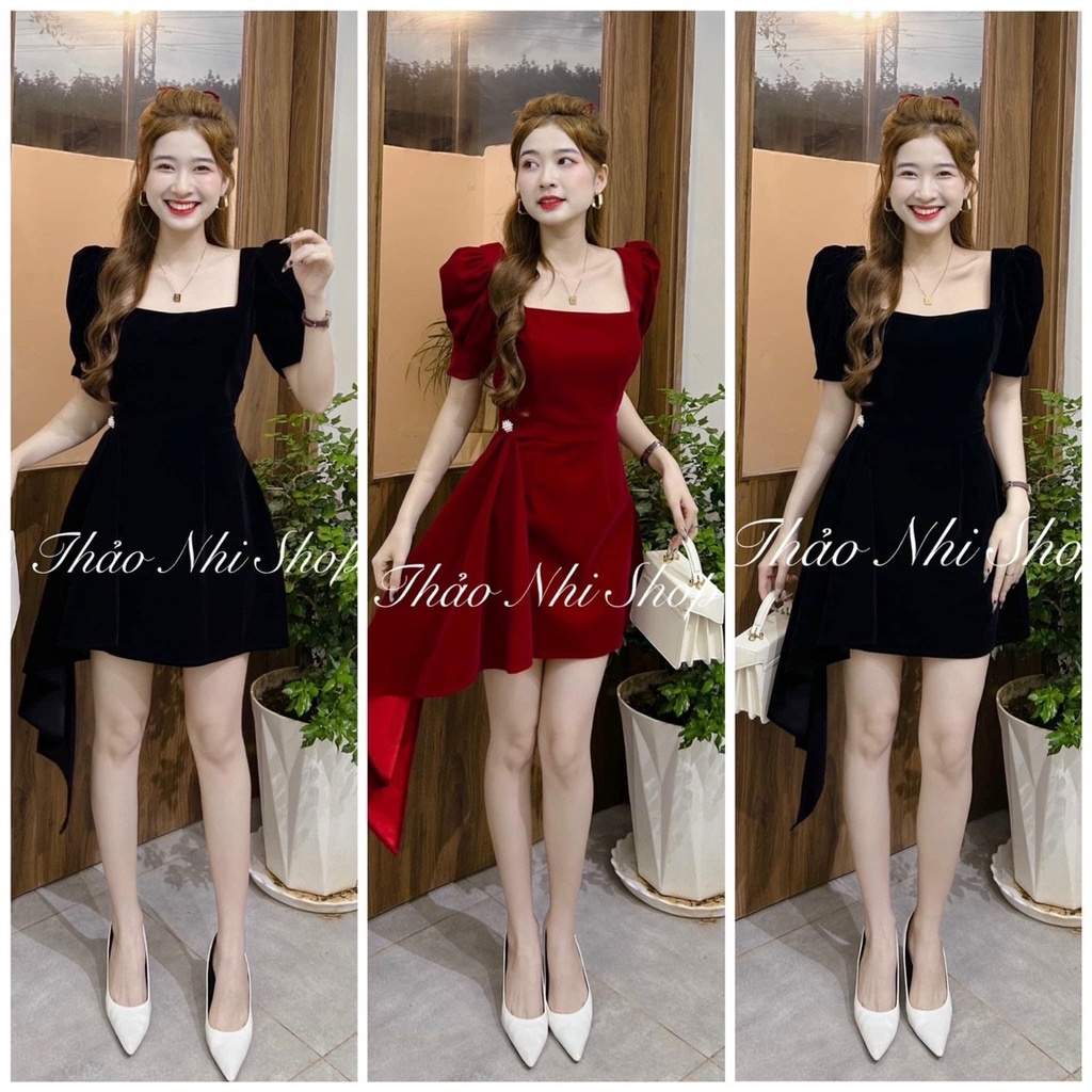 Váy đầm nữ dáng ngắn xòe vạt eo cổ vuông tay ngắn xinh xắn phù hợp cho nàng đi chơi, dự tiệc và dạo phố DX