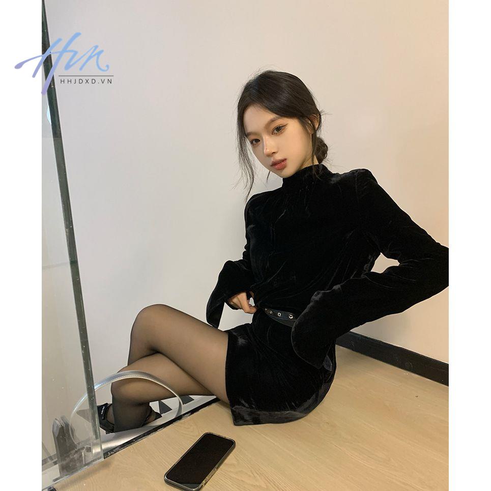 Đầm Nhung Đen Tay Dài Cổ Cao Thời Trang Thu Đông Dành Cho Nữ