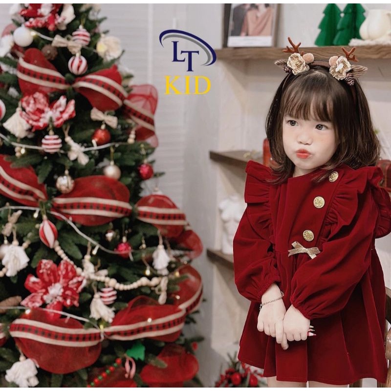Váy nhung đỏ bé gái Noel bèo nhún cực xinh