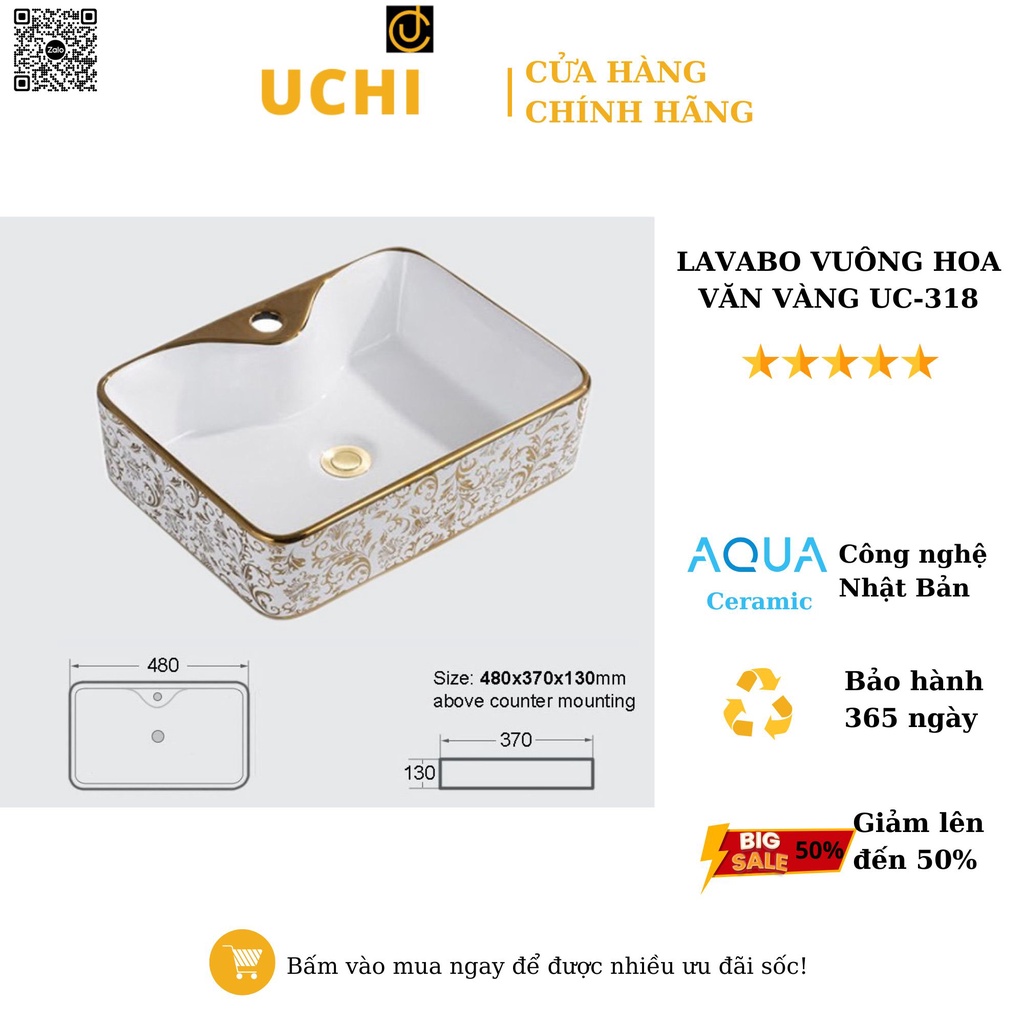 Lavabo Hoa Văn Vàng Mã UC-318 - Bồn Rửa Mặt Hoạ Tiết Màu Vàng Mã UC-317