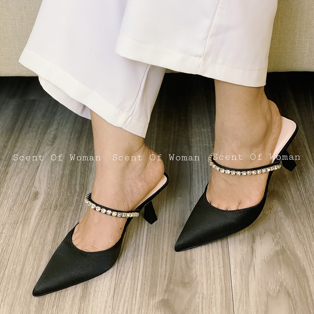 Giày mule cao gót mũi nhọn quai đính đá lấp lánh gót nhọn cao 7cm