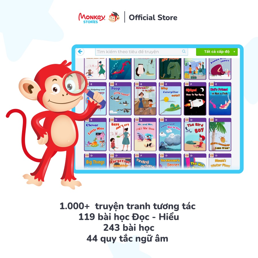 Ứng dụng Tiếng Anh toàn diện 4 kỹ năng cho trẻ 2-10 tuổi - Gói Monkey Stories trọn đời