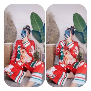 Đồ bộ pyjama lụa latin cao cấp hình tuần lộc viền nổi