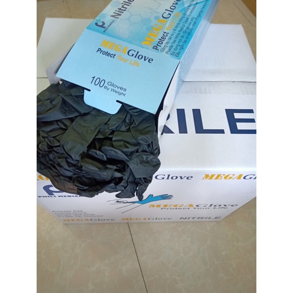 Găng tay y tế Nitrile mega Glove màu đen/trắng, hộp 100 cái size L