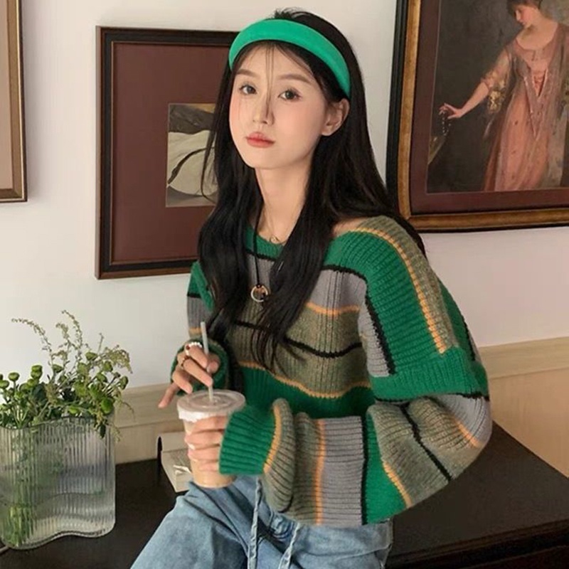 IELGY   Áo sweater Ngắn Kẻ Sọc Màu Sắc Dễ Phối Đồ Thời Trang Cho Nữ