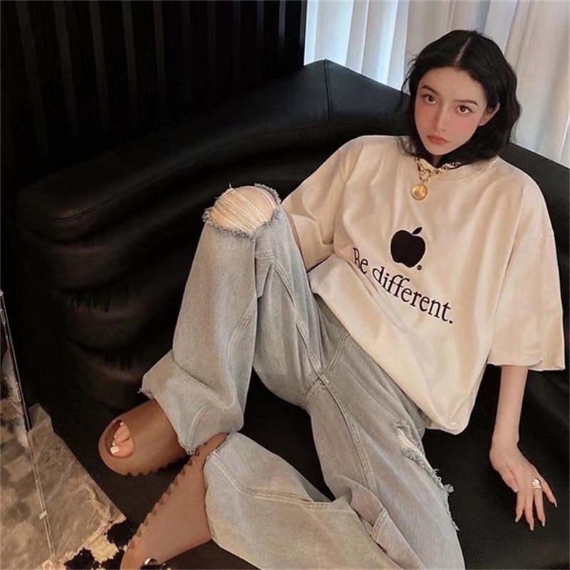 Áo Thun Ba8len88- * Tay Ngắn Thêu Chữ Apple Chất Lượng Cao