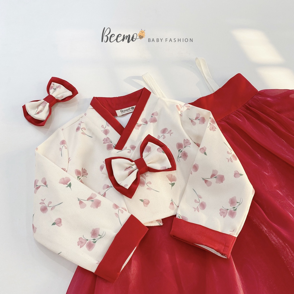 Áo dài hanbok hoa cho bé gái Beemo,Chất liệu siêu cấp với sự kết hợp của áo tafta và váy tơ mềm mại B254