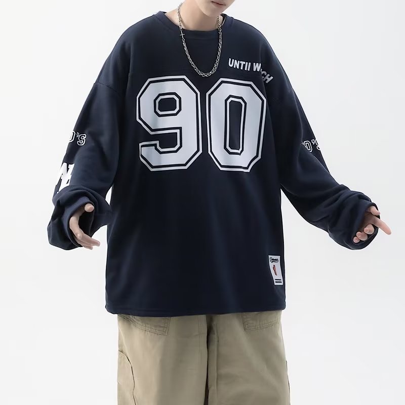 Áo Thun Tay Dài Chui Đầu Dáng Rộng In Hình Khúc Côn Cầu 90 Hockey Jersey Phong Cách Retro Đường Phố Mỹ