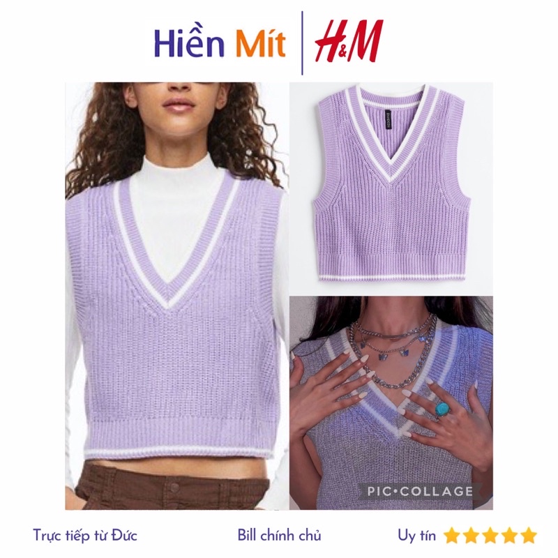 H&M Đức - Áo ghile sweater vest len cổ tim không tay sát nách form ngắn crop top màu tím sale auth có sẵn 1080849007