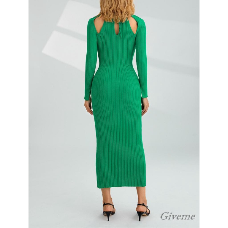 Đầm Dệt Kim Dài Tay Cổ Tròn Màu Trơn Thời Trang Nữ Tính