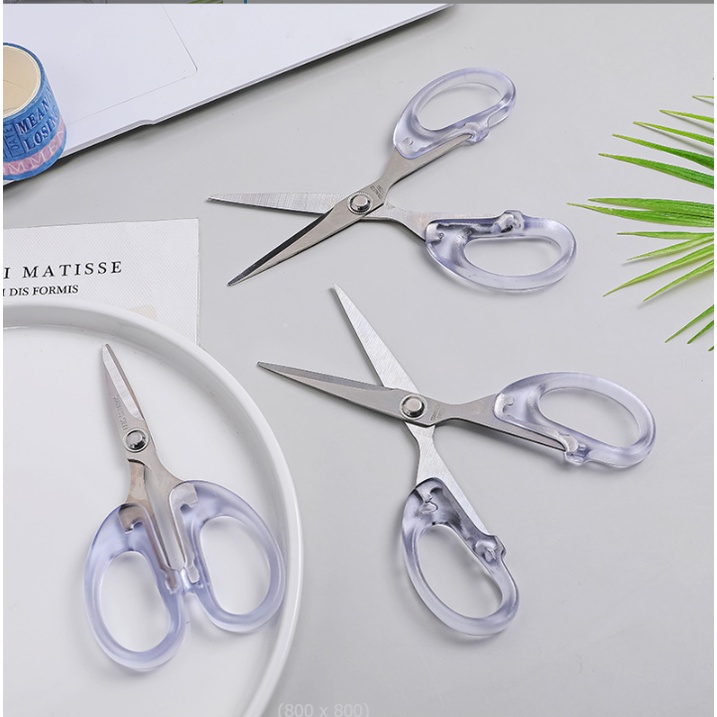 (LƯỠI BÉN-KHÔNG GỈ) Kéo Cán Nhựa Trong Suốt Dễ Thương Cắt Giấy Bén Bằng Thép Không Gỉ