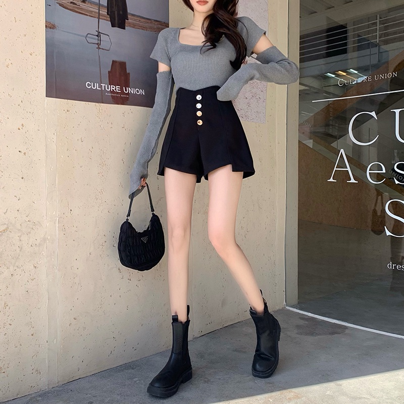 IELGY  IELGY Quần Short Đen Lưng Cao Dáng Chữ a Thời Trang Cho Nữ