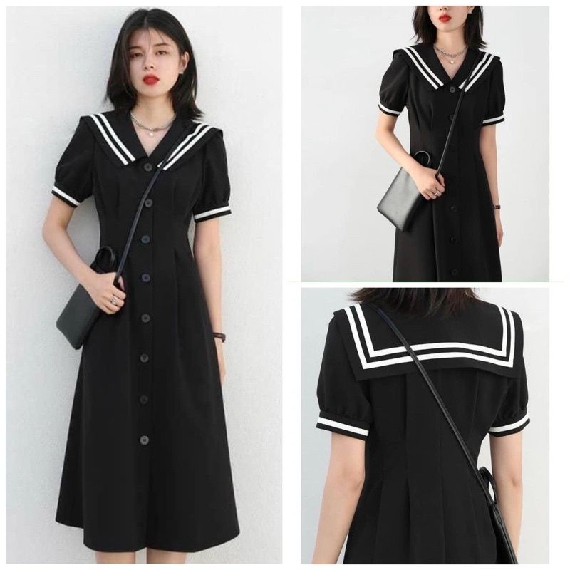 Váy nữ midi màu đen dáng dài cổ thủy thủ, viền đen trăngn